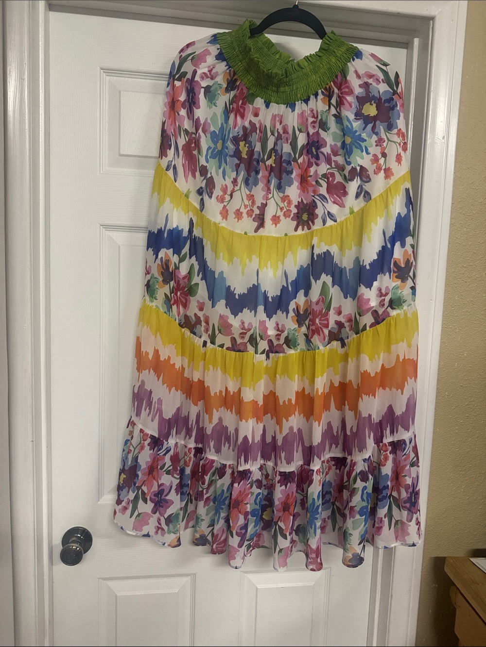 Beulah Rainbow Floral Chevron Maxi skirt with Green trim